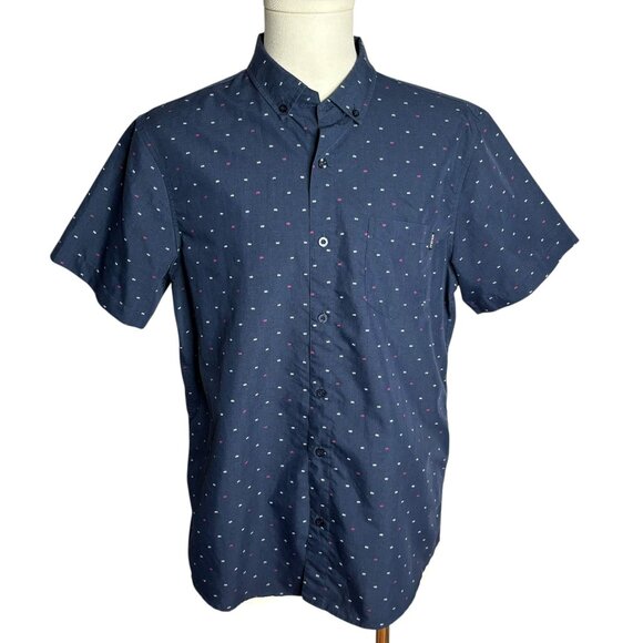 Molokai Surf Button Down Short Sleeve Shirt L Blue Fishbone Chest Pocket Casual - Picture 1 of 8